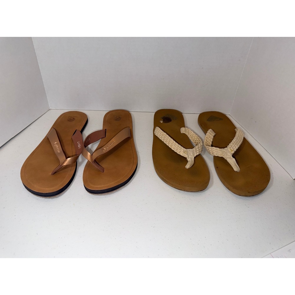 Womens High Tide Rose Gold and Roxy Braided Tan Flip Flop Sandals Lot Size 9 9.5